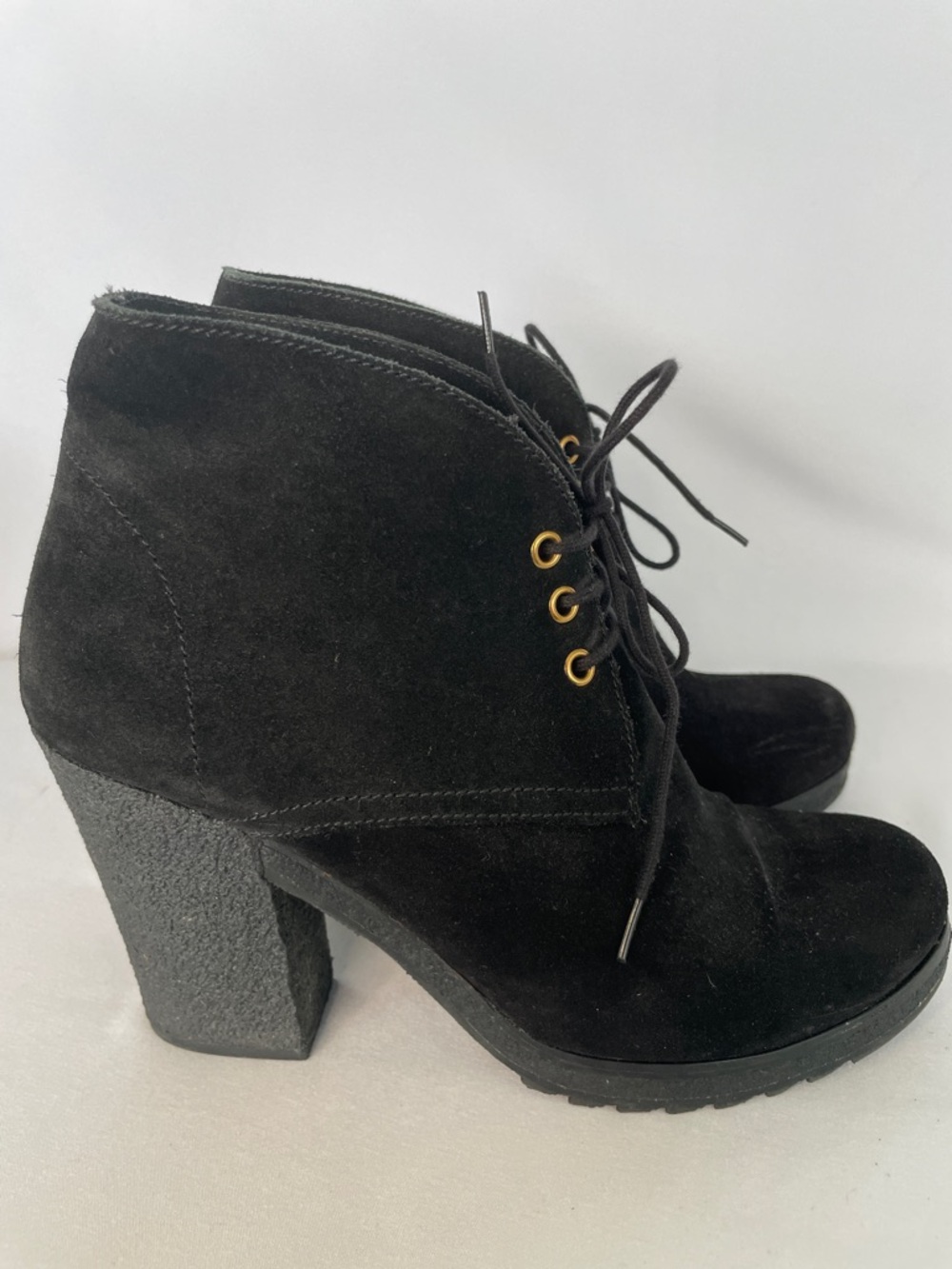 Prada Black Suede Lace-Up Ankle Boots Block Heel W40